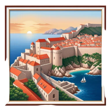 Cinematic Realistic Dubrovnik Landmark Emoji, depicted with historic fortified walls and red‚Äêtiled roofs rendered with intricate detail and dynamic, coastal lighting. sticker