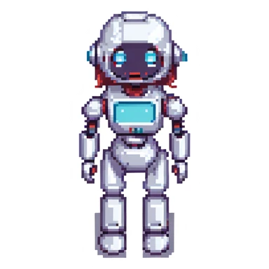 female robot, pixel art style, simple and cute, metallic colors sticker