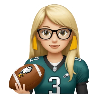full length women wearing eagles uniform, long blonde hair, straight bangs, black glasses, holding football, number 33 sticker