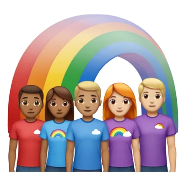 a huge group of people with the same matching shirts on with a rainbow behind them  sticker