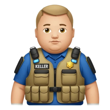 A fat police man with Down syndrome, with a armor vest that has a name tape that says Keller sticker
