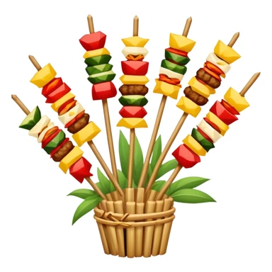 Sichuan Skewers Chuan Chuan Xiang with various foods on bamboo sticks, simplified emoji style with bold outlines and bright colors, cartoon style spicy street food sticker