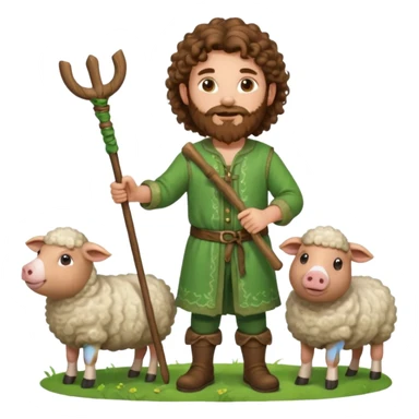 happy young shepard with long curly brown beard and long curly brown hair, in green magical outfit, with wooden shepard stick in hands, taking care of sheep and pigs sticker