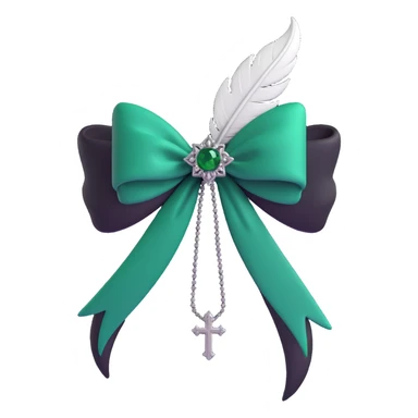 3D emoji gothic bow, dark emerald velvet, silver cross, feather details, lush and gothic sticker