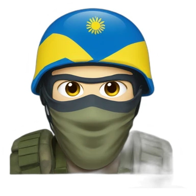 ukrainian soldier face in a mask with a ukrainian flag on the backgroun sticker