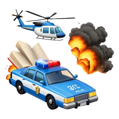 Icon for Action & Crime Reading: an open large book with text on the pages, a police car is driving out, with explosions behind, a helicopter flying above, a pistol with bullets in the front. The icon should capture the thrilling action and suspense of crime stories. Transparent background. sticker