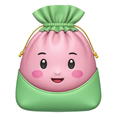 A Korean fortune pouch (bokjumeoni) in iPhone emoji style, pastel pink and light green colors, soft 3D glossy texture, centered, no outlines, transparent background. no face sticker