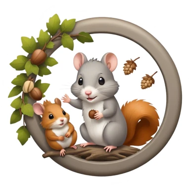 Icon for Rodents: A vibrant collage featuring a playful hamster in a wheel, a fluffy gray mouse with large ears, and a cheeky squirrel holding an acorn. Background with scattered seeds and tree branches. Transparent background. sticker