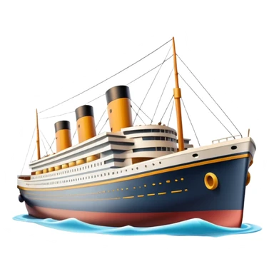 A 3D emoji of a Titanic ship in Apple style, glossy and smooth surface, bright clean colors with subtle shading, simple and minimal details, no face or expressions, floating on calm ocean, soft shadows, high-quality render, isolated on white background.


 sticker