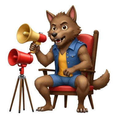 A werewolf in a directors chair with a megaphone sticker
