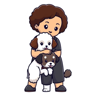 woman with short black hair hugging a brown poodle and a white bichon frise sticker