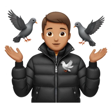 puffer shiny black jacket man open arms looking at a flying pigeon sticker