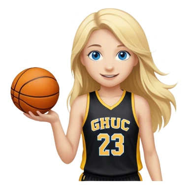 smiling girl with blue eyes and blonde long hair playing basketball with black and yellow jersey with GHC Logo sticker