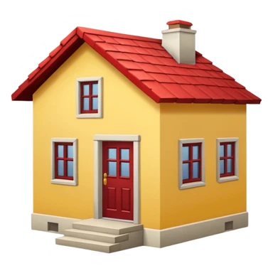 Front seight of a simple yellow house with a red roof, a simple door. Two steps in Front of the door, two windows sticker