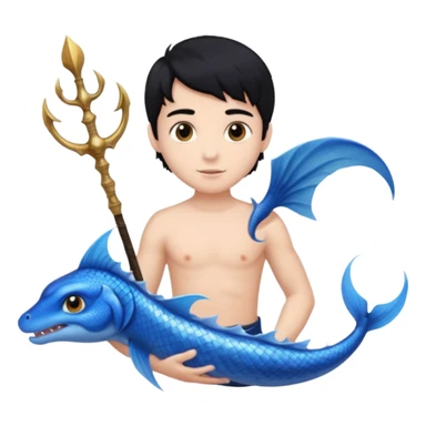 boy, black hair, brown eyes, white skin, Triton, with Triton in hand and blue Triton tail  sticker
