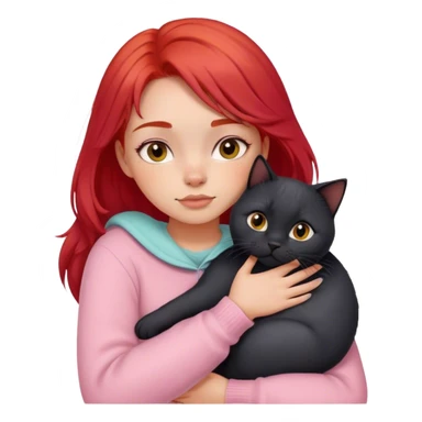 
a girl with red hair in pastel clothes hugs a black British cat sticker