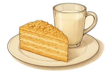 Используя такую стилистику сгенерируй тарелку, на которой лежит кусок торта Наполеон, прозрачный sticker