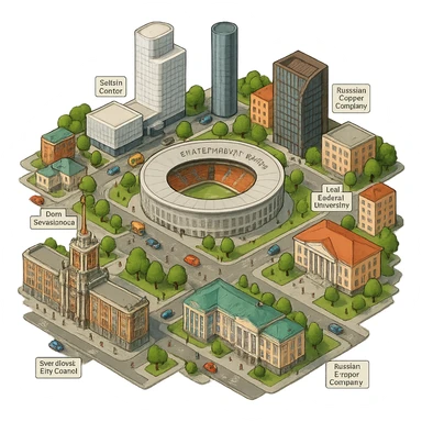 Изометричная миниатюрная фотореалистичная 3D модель Екатеринбурга - Дом Севастьянова, Ельцин-центр, Уральский федеральный университет, дома, Екатеринбург Арена, Штаб-квартира Русской медной компании, Здание Свердловского городского совета народных депутатов, четкие линии, яркие цвета, мультяшный реализм, люди, автотранспорт, компактная композиция, вид сверху в изометрии, прозрачный фон sticker