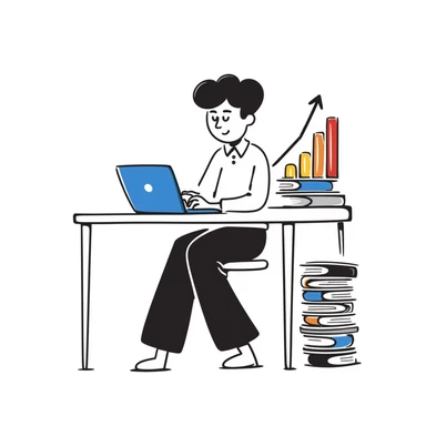 Academic research setup with an open laptop, stack of colorful books, and a rising data chart graph with upward trend. Hand-drawn doodle style with blue laptop screen, multicolored book spines, and a colorful bar chart. sticker