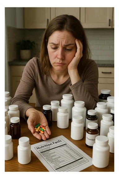 a woman in her 30s sits at her kitchen table, surrounded by dozens of supplement bottles, powders, and pills. She looks anxious and fatigued, with her head resting in one hand while the other holds a handful of colorful capsules. On the table, a nutrition chart is ignored, and her skin appears slightly dull or stressed. The mood is cautionary and educational. in italiano sticker