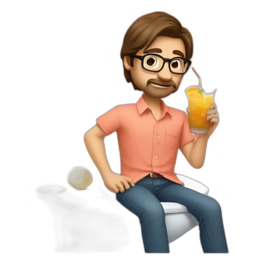 man with brown hair, octagonal glasses, and salmon colored shirt sitting on the toilet, drinking a cocktail. Sitting on the toilet in the bathroom sticker