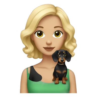 Girl with short wavy blonde hair and green eyes holding a black and tan longhaired dachshund sticker