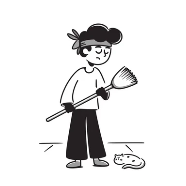 Levi Ackerman cleaning with bandana over hair, gloves, holding broom, annoyed expression sticker