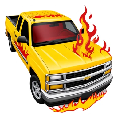 Bright yellow 1997 Chevrolet Silverado with authentic red flame print decal across the front hood, precise Kill Bill movie detail, 30-degree angle, iOS emoji style sticker