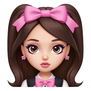 pretty bratz baddie, long hair brunette baddie with eyeliner and brown eyes and small pink bow sticker