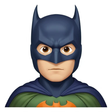 generate a batman emoji with just the face and neck showing and part of the cloak and and wings. Shade the bat logo on the chest in a medium green with a slight olive touch. Shade the mask in dark navy blue. Shade the cloak in a solid vibrant orange.

 sticker