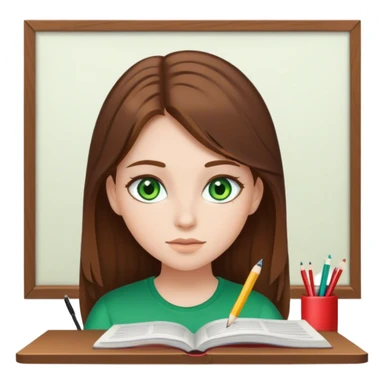 girl with brown hair and green eyes, white skin, studying sticker
