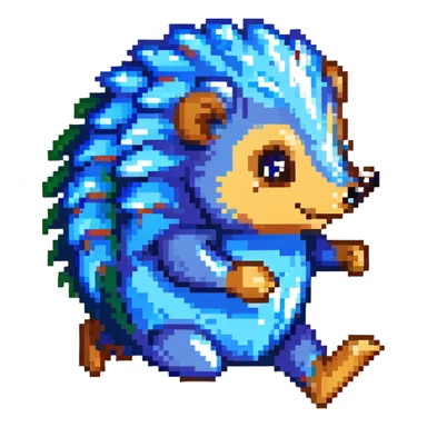 scene of a blue spiky hedgehog running fast through a vibrant landscape with checkerboard hills, floating gold rings, and blurred background, energetic and adventurous sticker