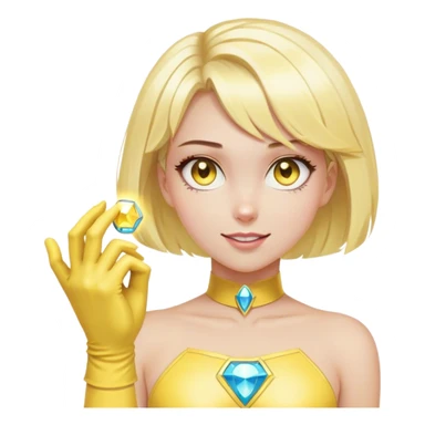 A girl thats in a superhero outfit , she has bob blond hair and has pastel yellow gloves with a gemstone stuck to the back of her hand, her eyes glowing yellow while her hand has light of joy coming from it sticker