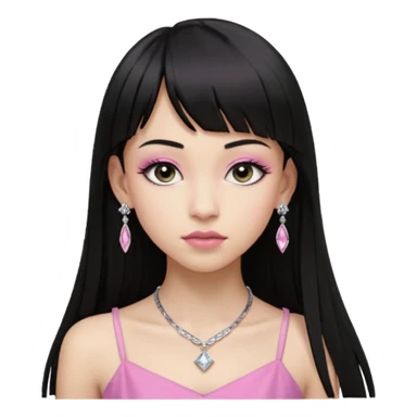 Cabelos pretos longos lisos ,com franja curvada .olhos pretos puxadinho para cima. Cílios longos curvados. Pele clara ,nariz pequeno ,lábios carnudos ,adolescente 16 anos ,vestido rosa de alça, colar pequeno prata ,brinco de diamante pequeno  sticker
