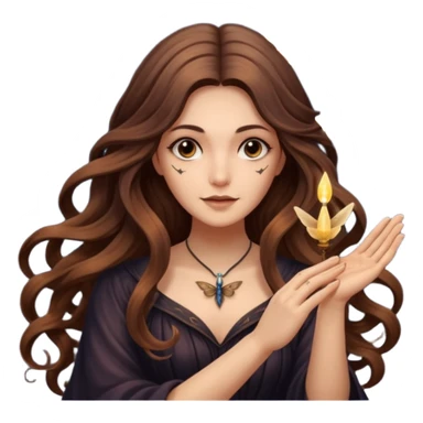 night witch woman long wavy brown hair tattoos spinning moth from fingers sticker