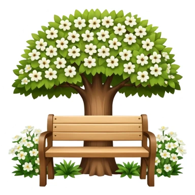 beautiful bench against the background of a tree with blooming white flowers sticker