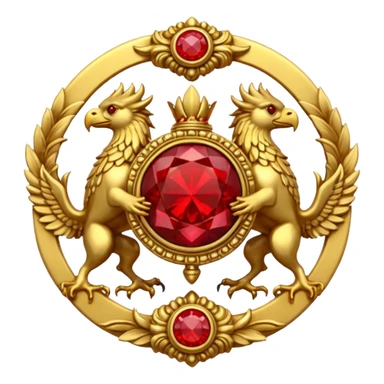 Golden griffin crest / brosch in a circle with two red gems and no background sticker