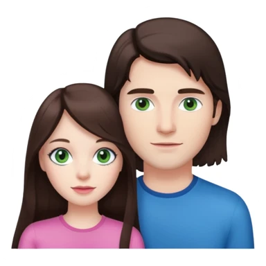 pink polaroid photo of a couple thats white with long brunette hair blue eyes and a white guy with short brunette hair and green eyes sticker