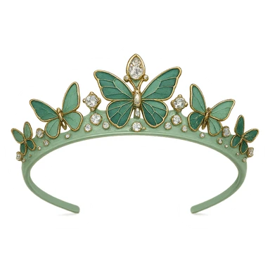 butterfly crown with a pastel green base, minimal butterflies in light and dark green enamel, sparkling gems sticker