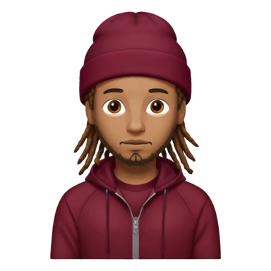Animate a caramel skinned male with brown dreads and a tan beanie with a burgundy tracksuit on with no beard  sticker