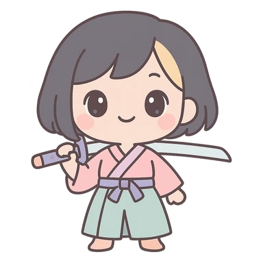 chibi style kawaii samurai girl with short hair and one streak of blonde in her hair, standing confidently, holding sword over shoulder, pastel palette sticker