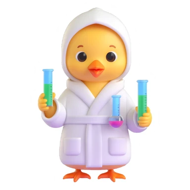 3D style cute chick in a robe holding test tubes and beakers sticker