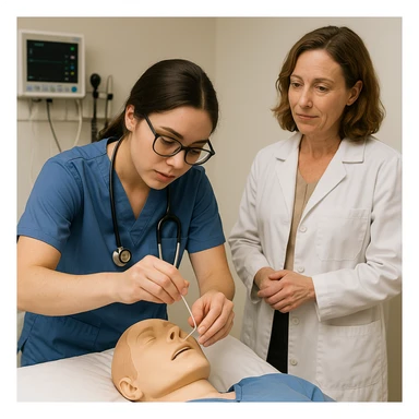 A student performing a clinical procedure on a mannequin or patient, with a teacher supervising, medical training, healthcare education sticker