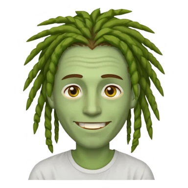 man with brown dreads covering forehead white tee golden eyes light green skin  and white smile sticker