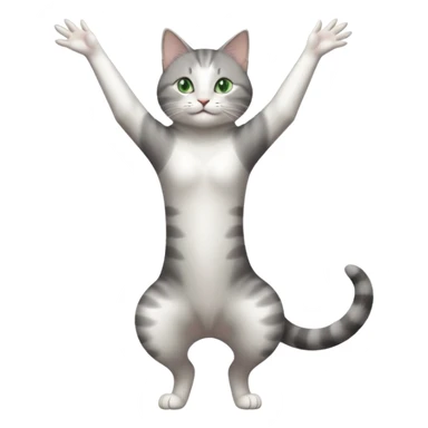 grey and white cat with green eyes doing a big long stretch reaching up into the air with arms and legs side by side together sticker