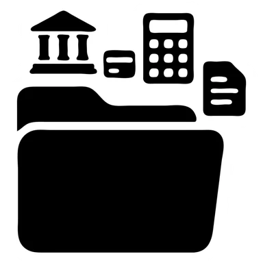 Closed folder icon with small symbols floating around: bank building, credit card, calculator, and document – organized financial archive sticker