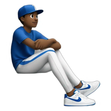 boy, sentado en un banco, con gorra blanco y negro, zapato Nike color negro con azul, deportivo color de piel blanco sticker