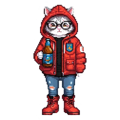 Catfish wearing red hooded winter jacket, round glasses, blue jeans, red boots, holding beer can with red label sticker