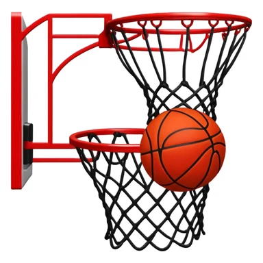 Red and black basketball halfway through net, freeze frame moment, iOS emoji style sticker