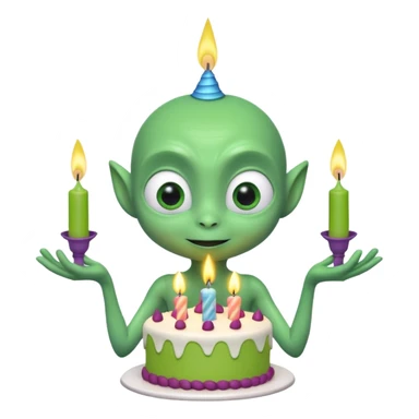 A cute friendly alien holding a birthday cake with candles, big expressive eyes, bright colors, cartoon style, playful atmosphere, 3D animated look, Pixar-inspired, highly detailed
 sticker